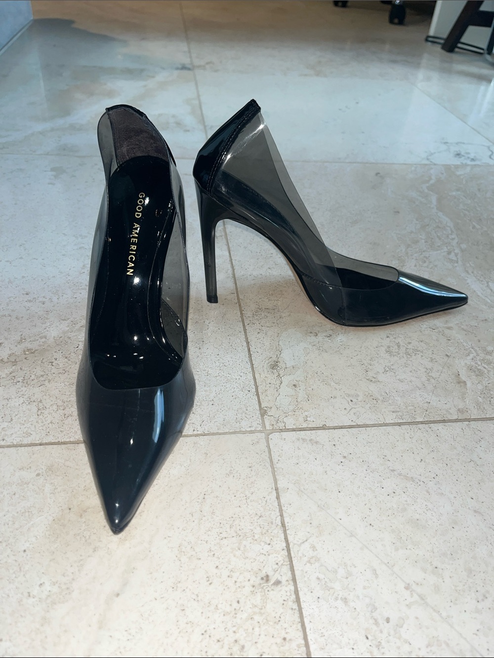 Good American Cinder-F***ing-Rella Smoke Pointed Toe Stiletto Pump Heels Sz 7